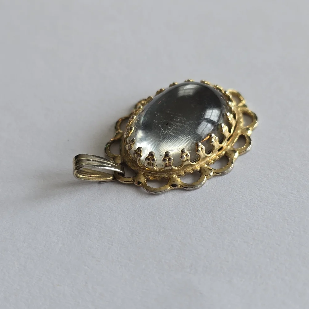 Vintage pendant silver clear cabochon Gold tone setting charm boho - Picture 4 of 12